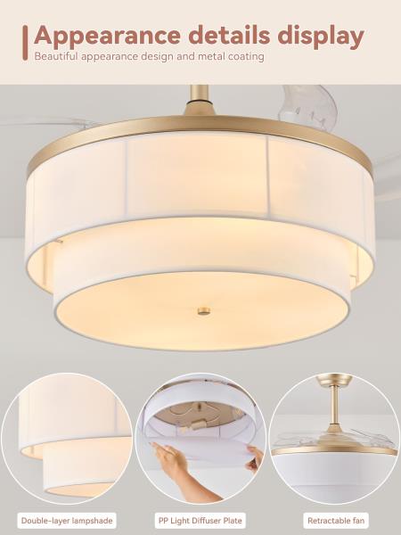 YMKSKJ 42" Retractable Fandelier Ceiling Fan with Light, Boho Chandelier Ceiling Fan with Remote, 6 Speeds Reversible for Bedroom Living Room (Gold) Retail $168.00