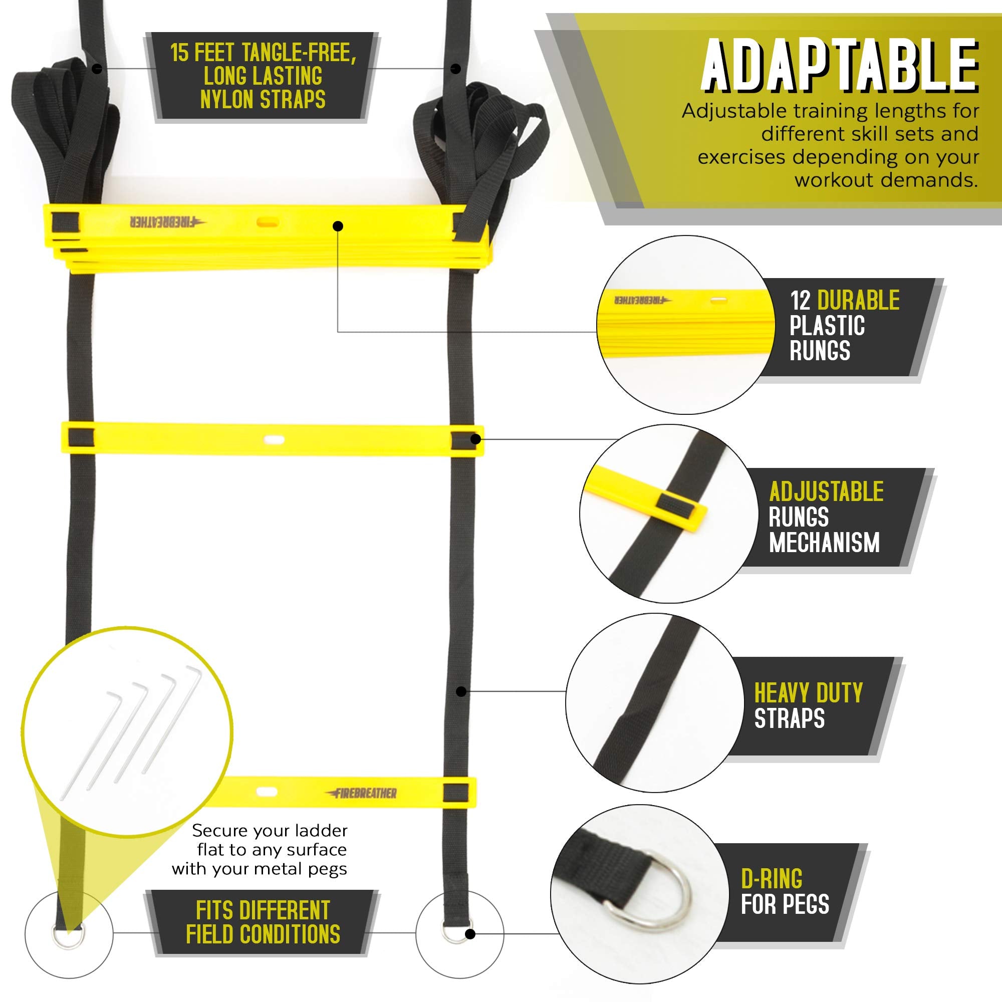 Agility Ladder and Cones by FireBreather. Great Training Equipment to Exercise Speed in Soccer, Football & Sports Workout. Set of 15ft Ladder, 12 Discs, 4 Pegs, Carrying Bag & 2 Drills Ebook