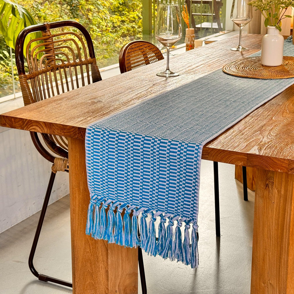 White Teal Blue Farmhouse Woven Table Runner 72 Inch Retail $29.00
