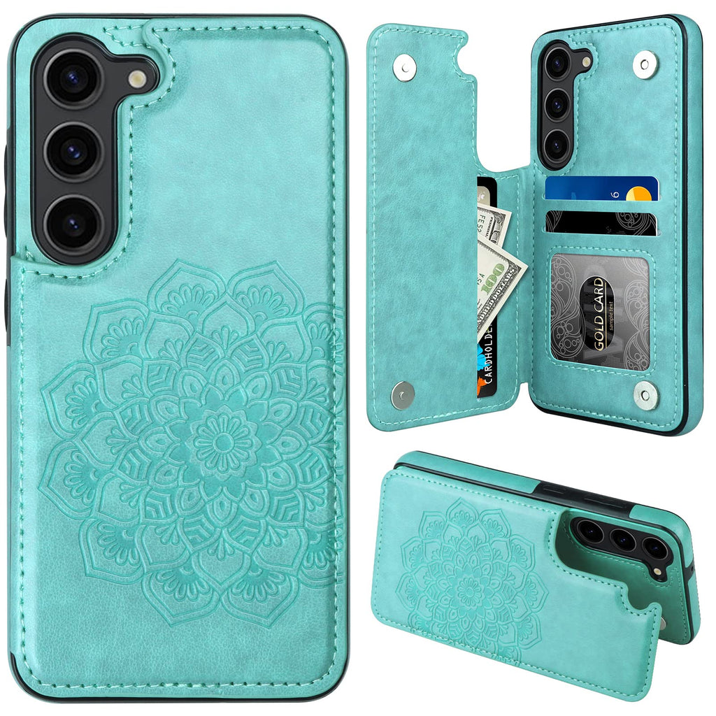Samsung Galaxy S23 Wallet Flip Case with Card Holder Magnetic Buttons Embossed Flower Pattern Mint