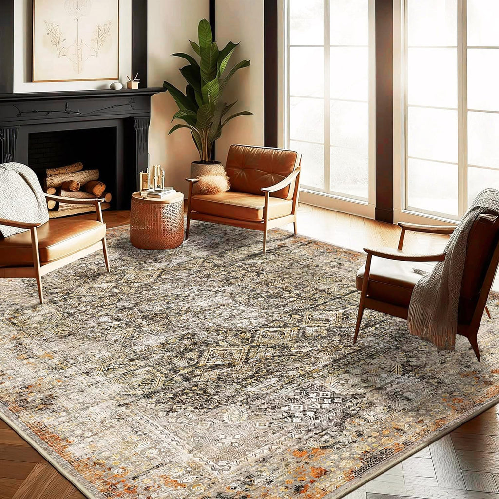 Khaki Black 9x12 Washable Non-Slip Vintage Distressed Floral Low-Pile Area Rug