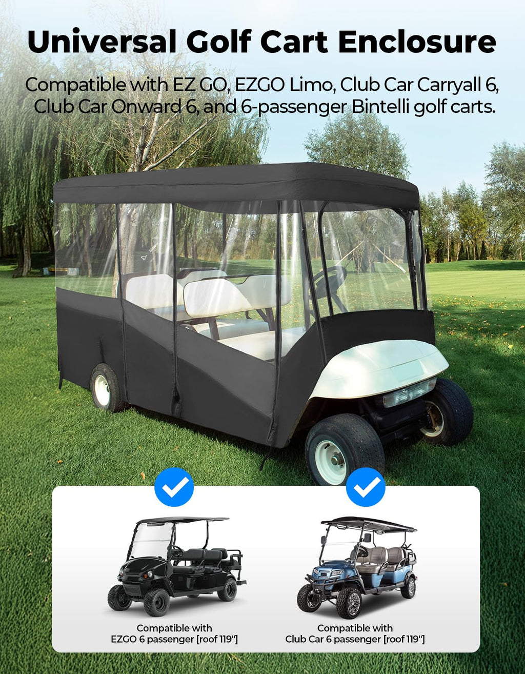 KEMIMOTO Golf Cart Enclosure, 6 Passenger Golf Cart Rain Cover, 600D Waterproof Driving Enclosure with Clear PVC Windshield for Extended Roof Golf Retail $199.00