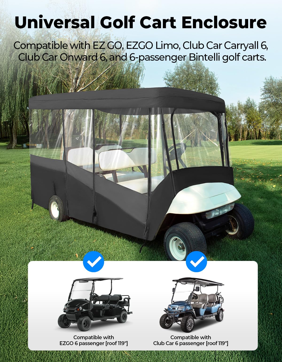 KEMIMOTO Golf Cart Enclosure, 6 Passenger Golf Cart Rain Cover, 600D Waterproof Driving Enclosure with Clear PVC Windshield for Extended Roof Golf Retail $199.00