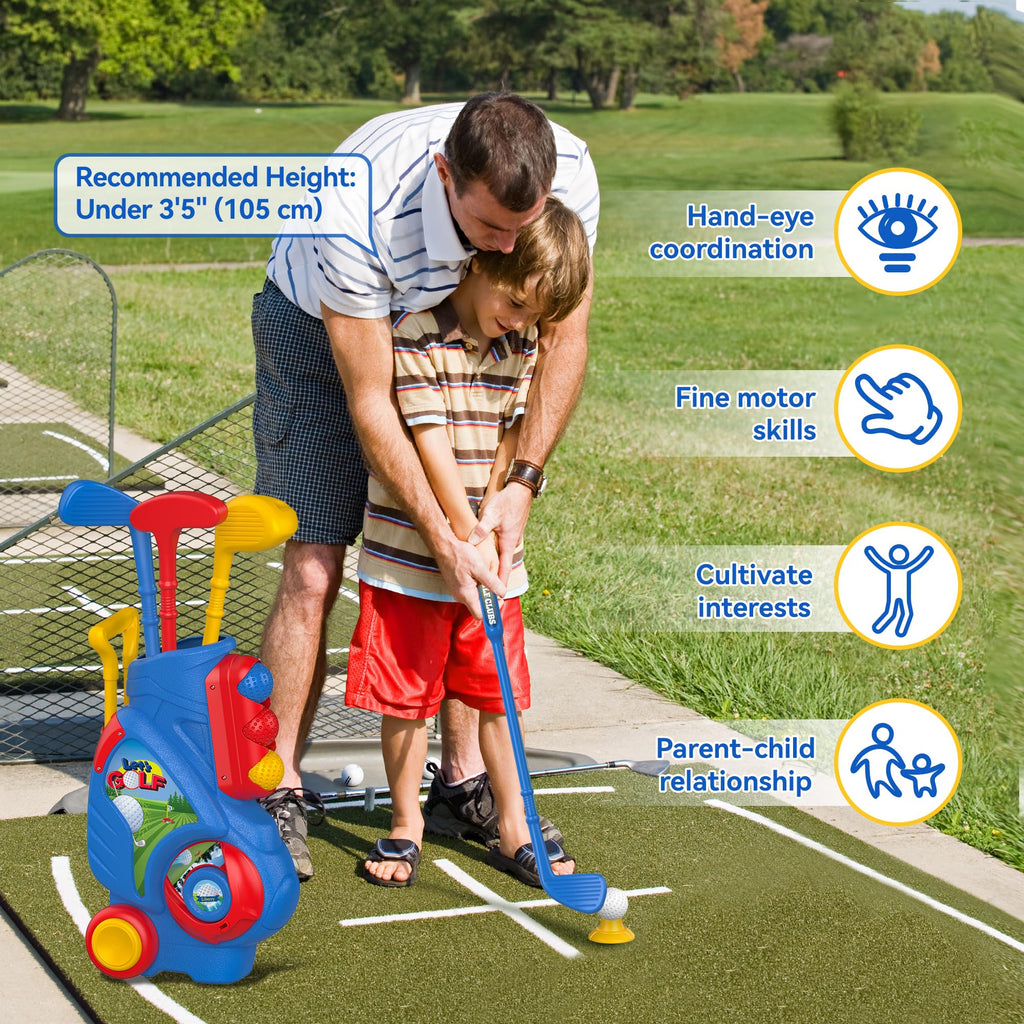 Blue Kids Beginner Golf Set with Cart Clubs Holes  Balls
