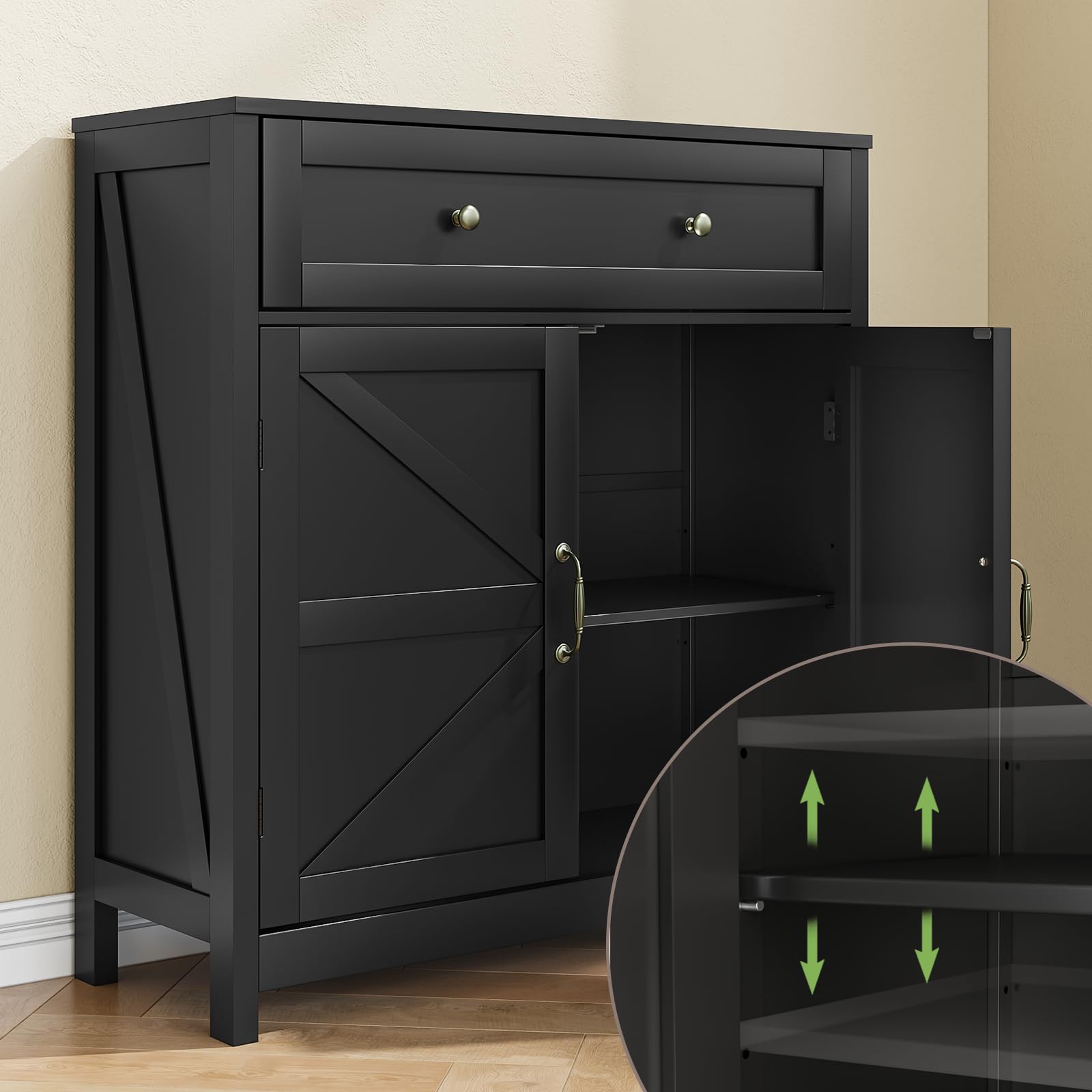 Black Farmhouse Buffet Sideboard Storage Cabinet with 2 Barn Doors