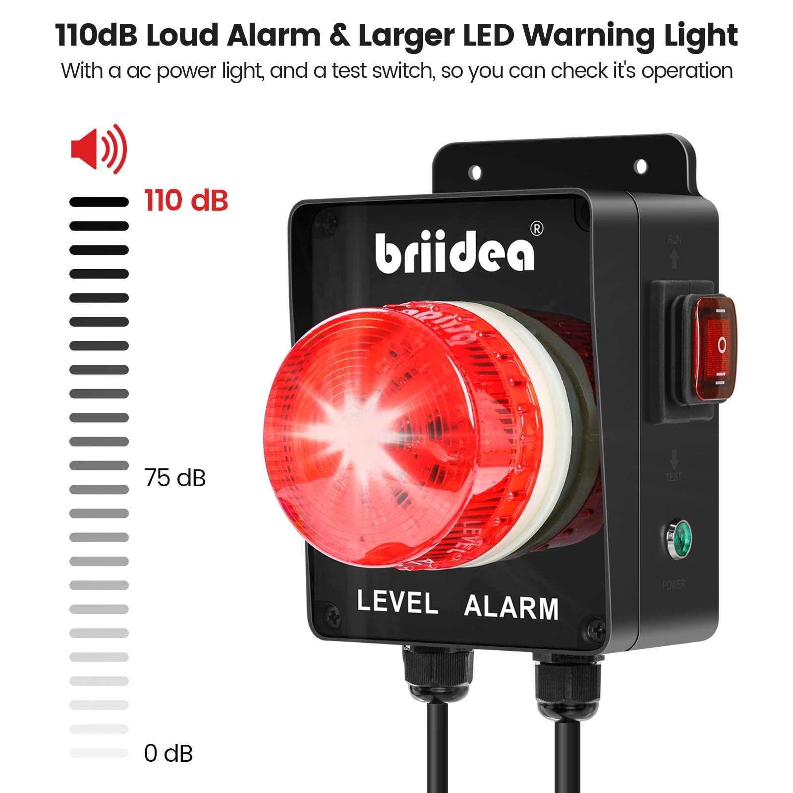 Briidea Indoor/Outdoor High Water Alarm with 110dB Loud Alarm, Large LED Indicator, AC Power, Test Button, 10ft Level Float Switch, Ideal for Septic Sump Pump Retail $79.00
