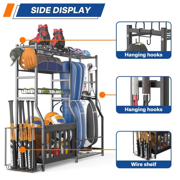 Heavy Duty Garage Sports Equipment Organizer with Golf Bag Storage Rack and Ball Holder
