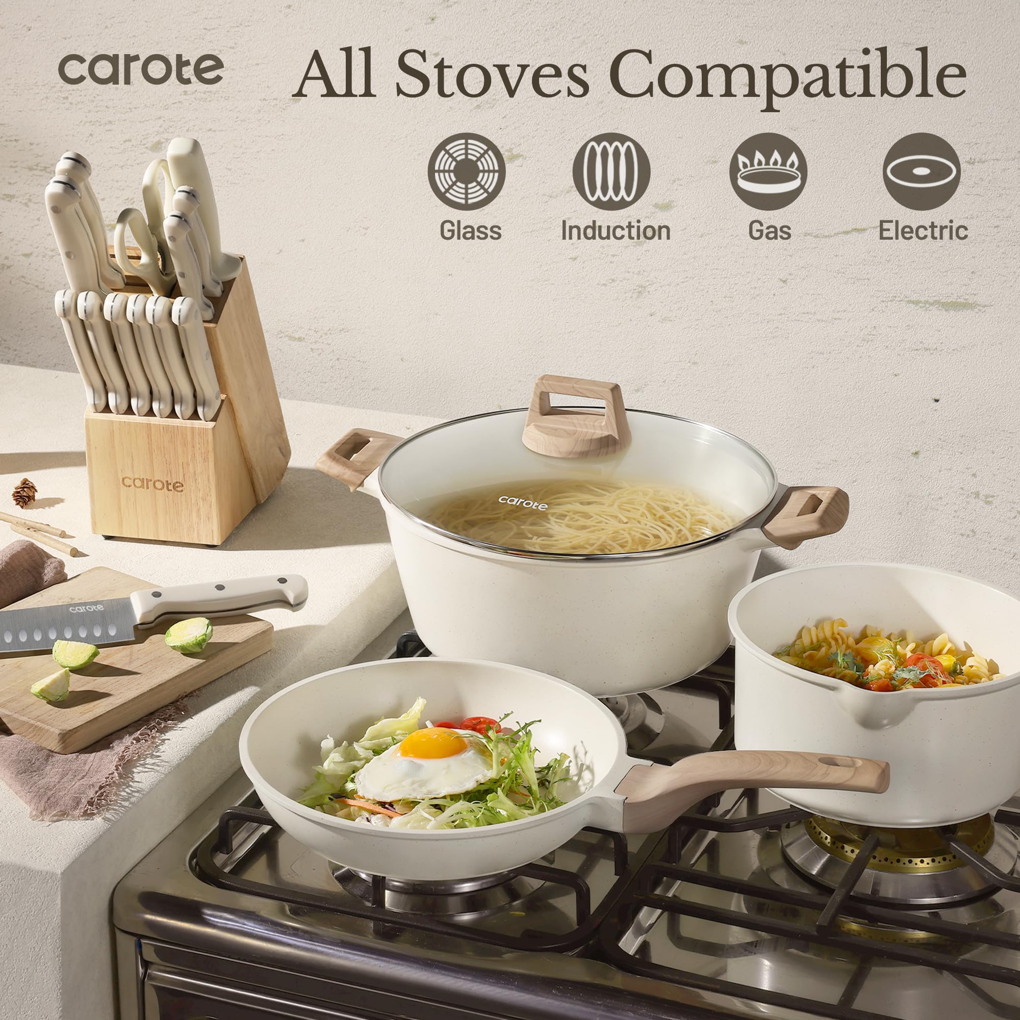 Nonstick Granite Induction Pots  Pans Cookware Set with Kitchen Knife Set Cream White