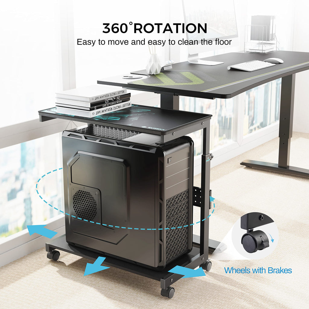 Black Height Adjustable 2-Tier PC Tower Stand Computer Cart with Wheels