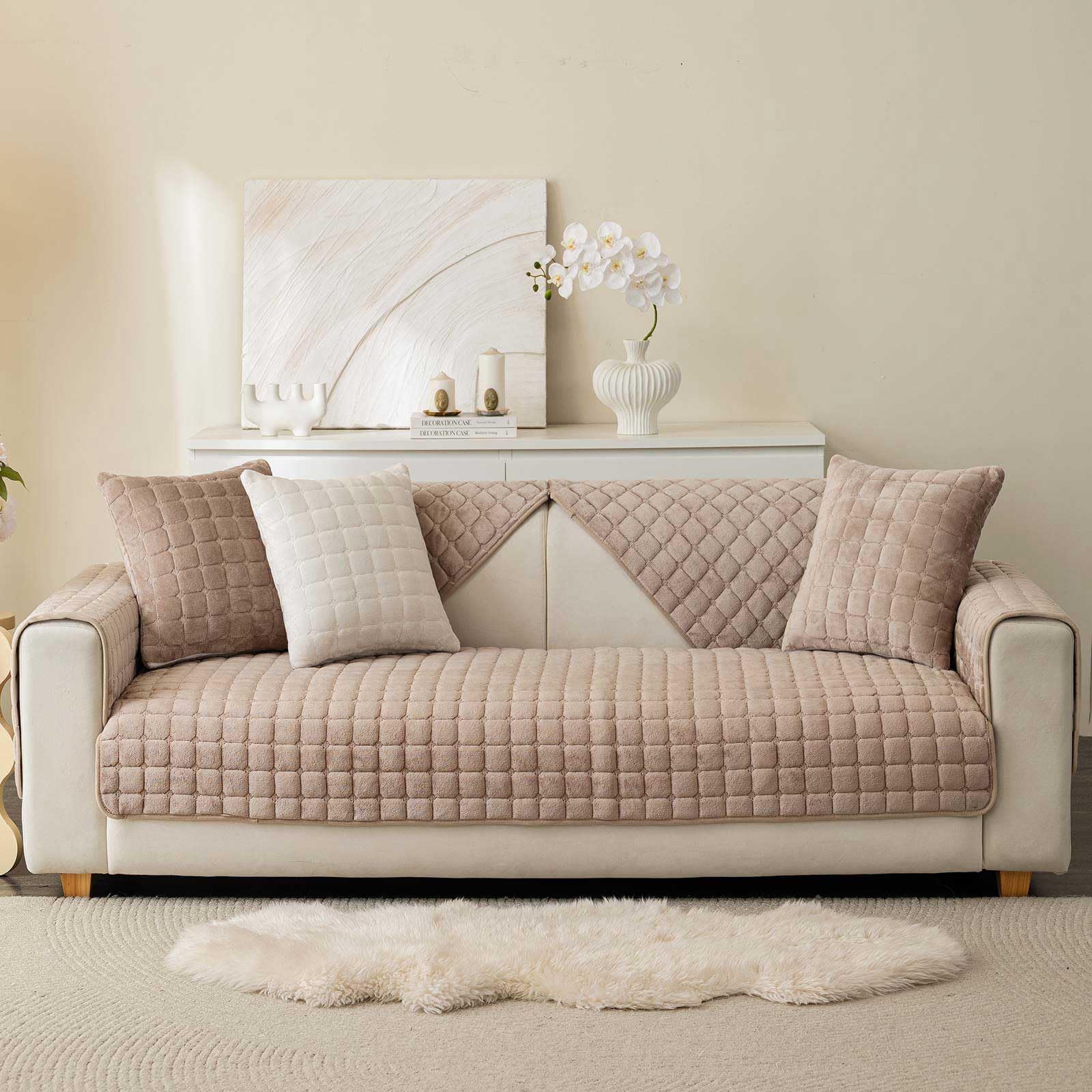New Aucrovee Velvet Washable Non-Slip Sectional Couch Cover for Pets - Khaki 36x94 Retail $36.00