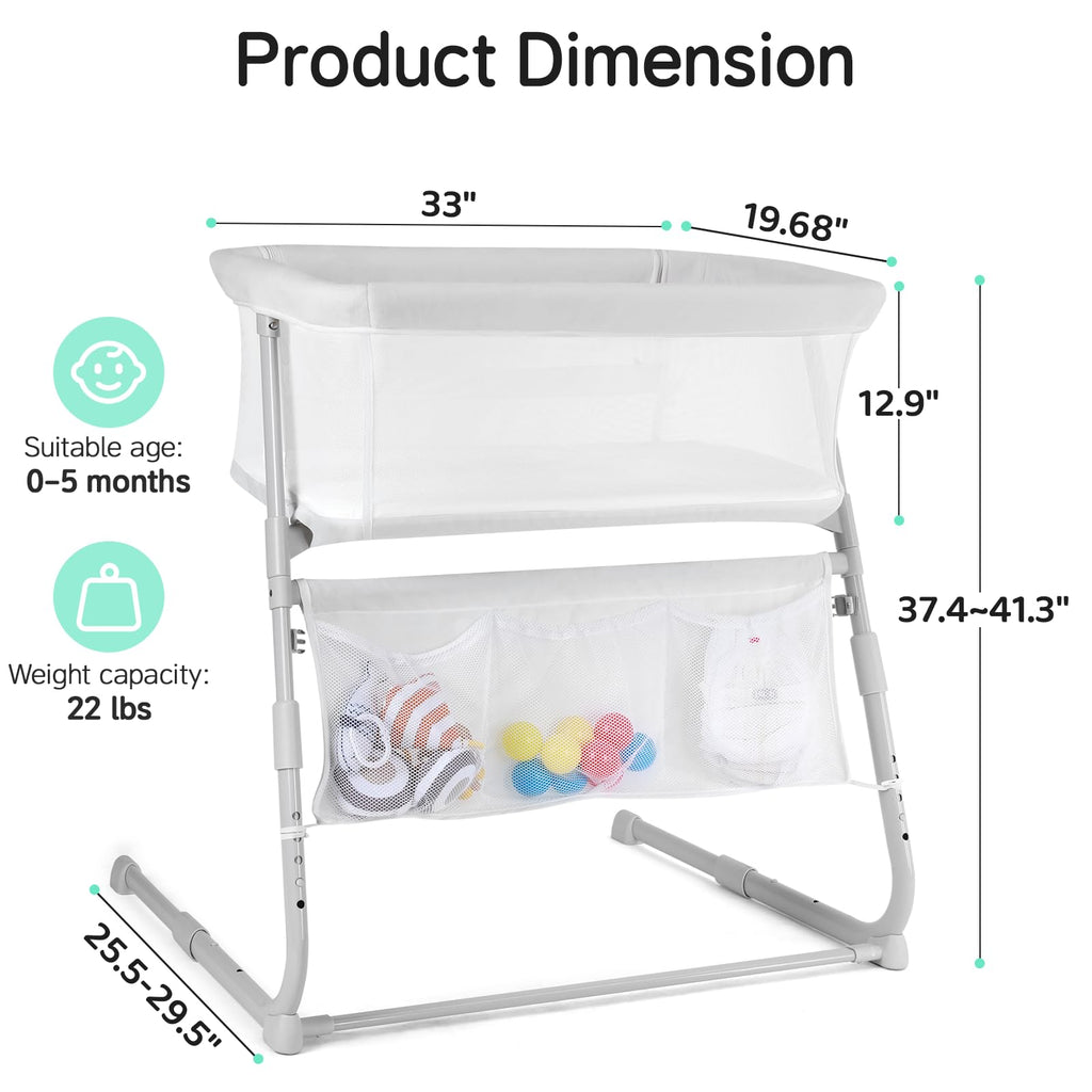 Baby Bedside Bassinet 5-Level Adjustable Height - White