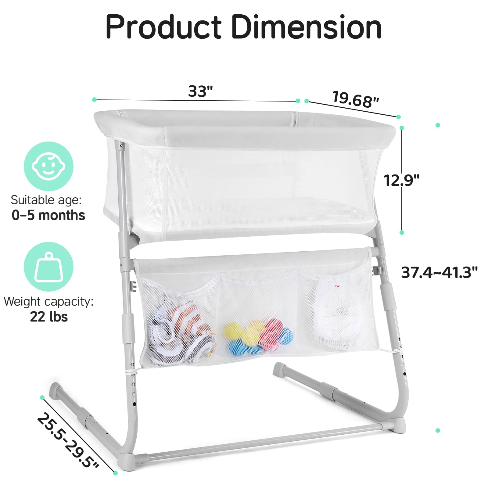 Baby Bedside Bassinet 5-Level Adjustable Height - White