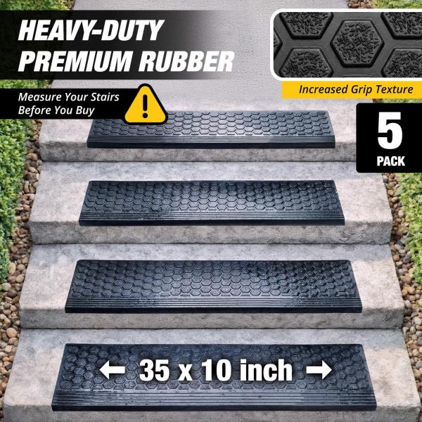 Rubber Stair Treads Outdoor 35x10 5-Pack Non-Slip Weather Resistant Step Mats Black
