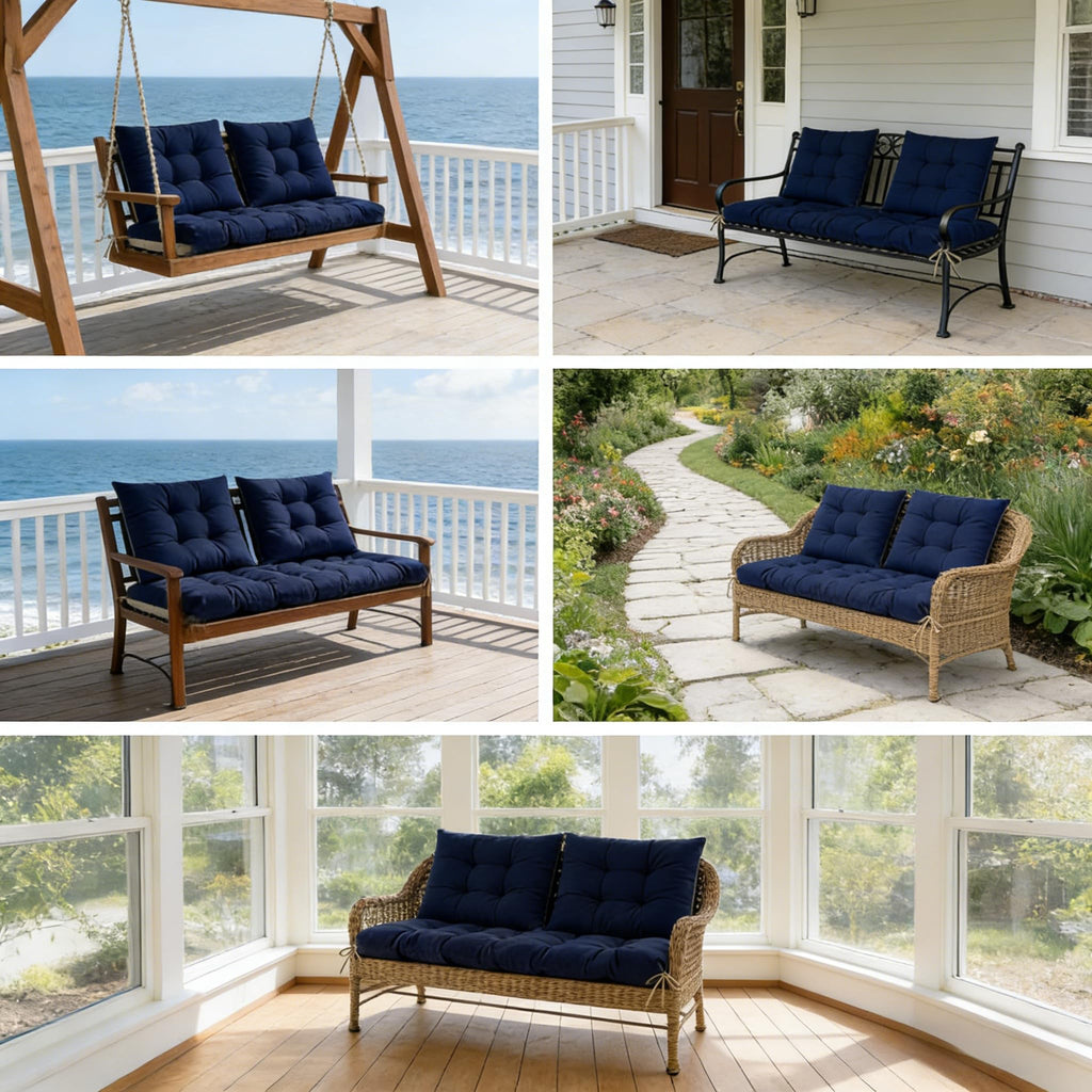 3 Pcs Wicker Chair Cushions Patio Loveseat Chaise Cushion Set - 1200D 47x19*4 Inch Waterproof Wicker Bench Cushions with 2 19x19x4 Inch Chair Cushions for Garden Porch Wicker Patio Furniture(Navy) Retail $49.00