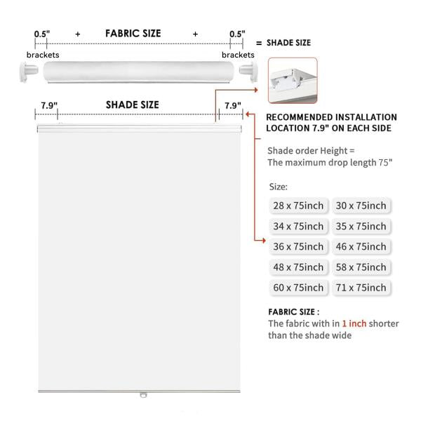 White Fabric Cordless Blackout Roller Shade 35 x 75 for Window