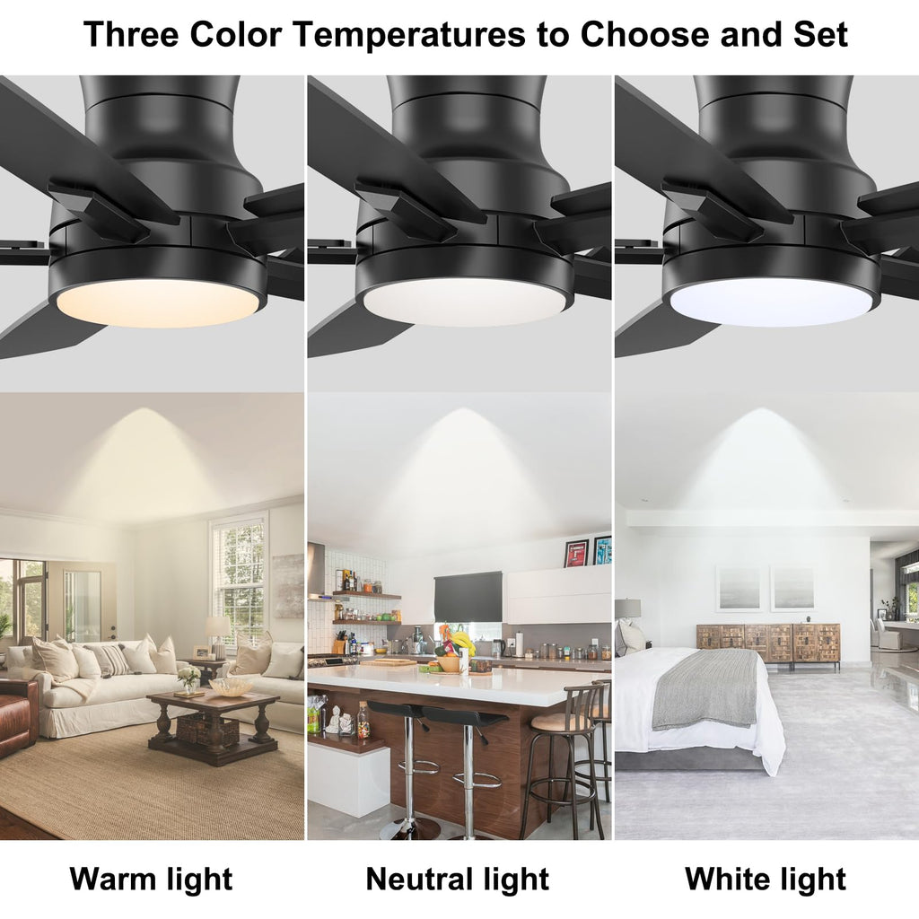 Black Low Profile DC Flush Mount Ceiling Fan with Dimmable 3CCT LED Light and 6-Speed Remote Control