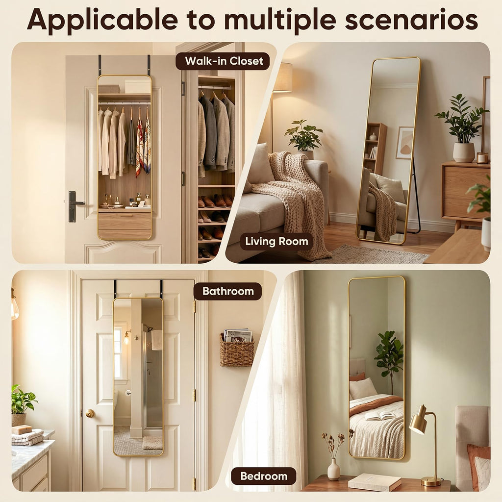 Gold 48x14 Rectangle Full Length Over the Door Mirror with Aluminum Frame