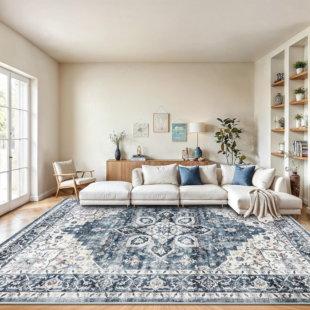 Washable Low-Profile Area Rug with Non-Slip Backing Polyester Blue