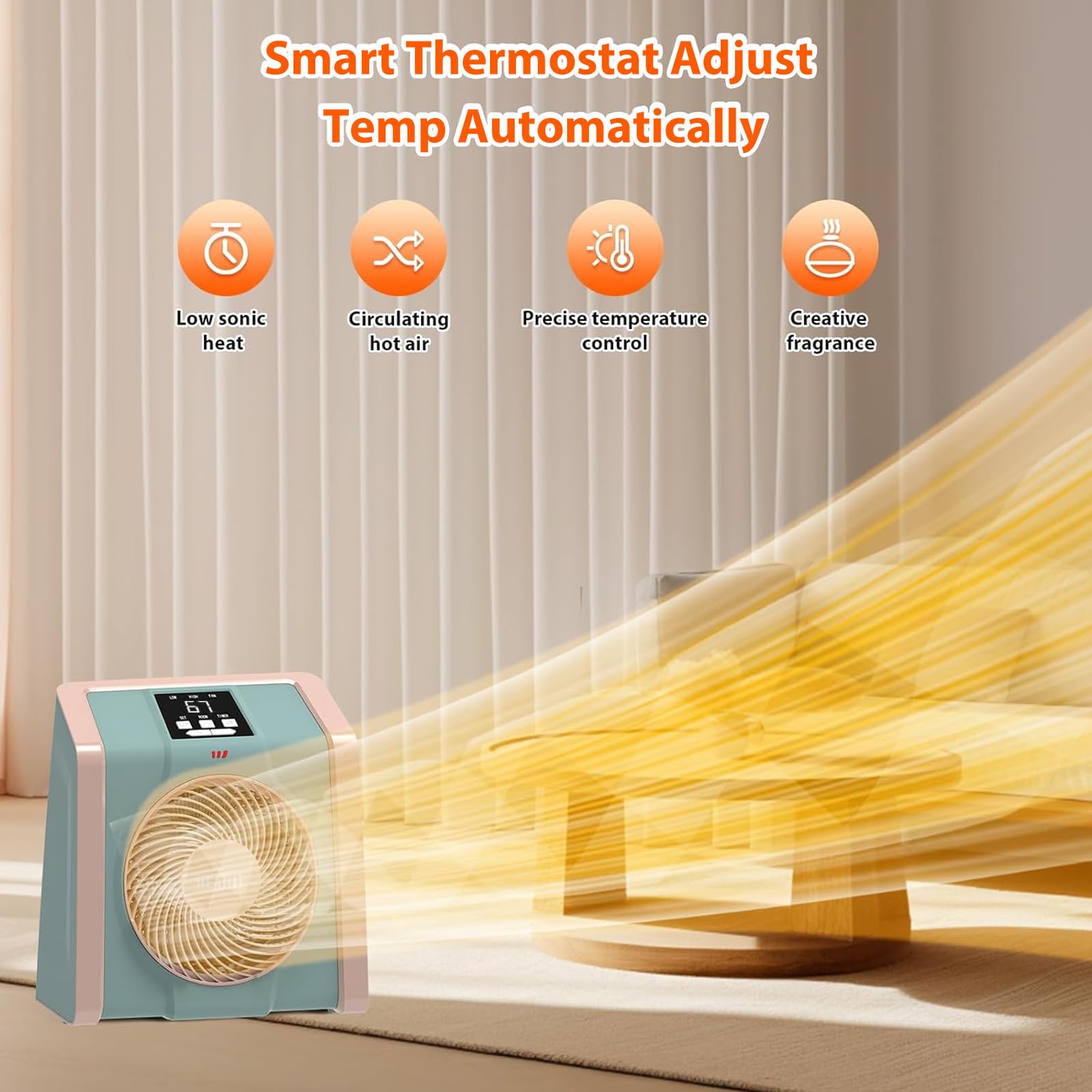 Quiet Electric Space Heater with Digital Thermostat 750W1500W 3D Air Circulation Cyan