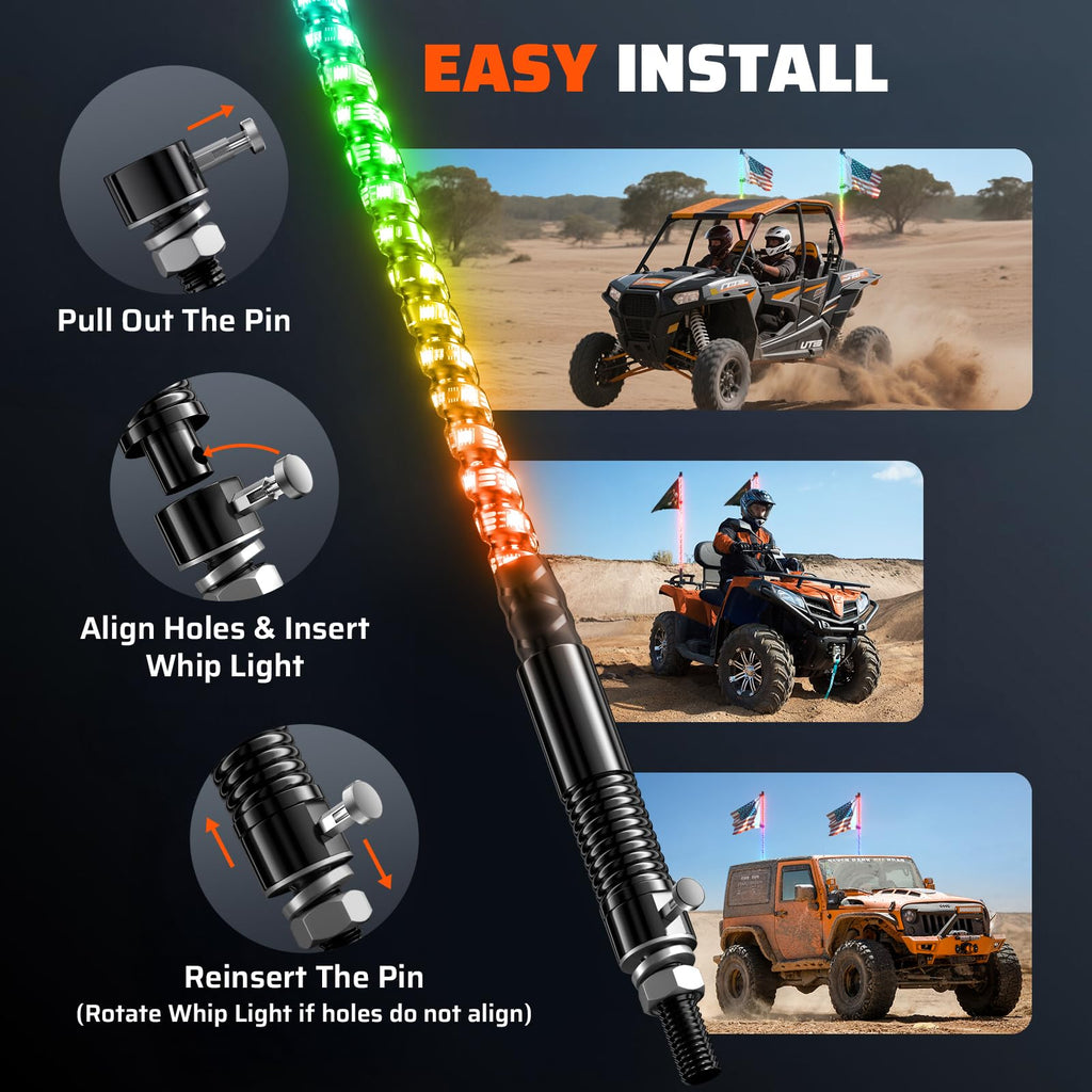 Ehaho 2 PCS 2FT Whip Lights with Spring Base, APP & Remote Control Led Whip Lights for Side by Side, Spiral RGB Chasing Lighted Whips with Rocker Switch, Music Led Whips for UTV ATV RZR SXS Can-Am Retail $79.00