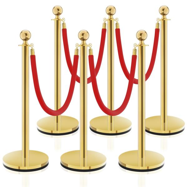 PCS Stanchion Post Crowd Control Barriers with 5 ft Red Velvet Rope Stainless Steel Gold