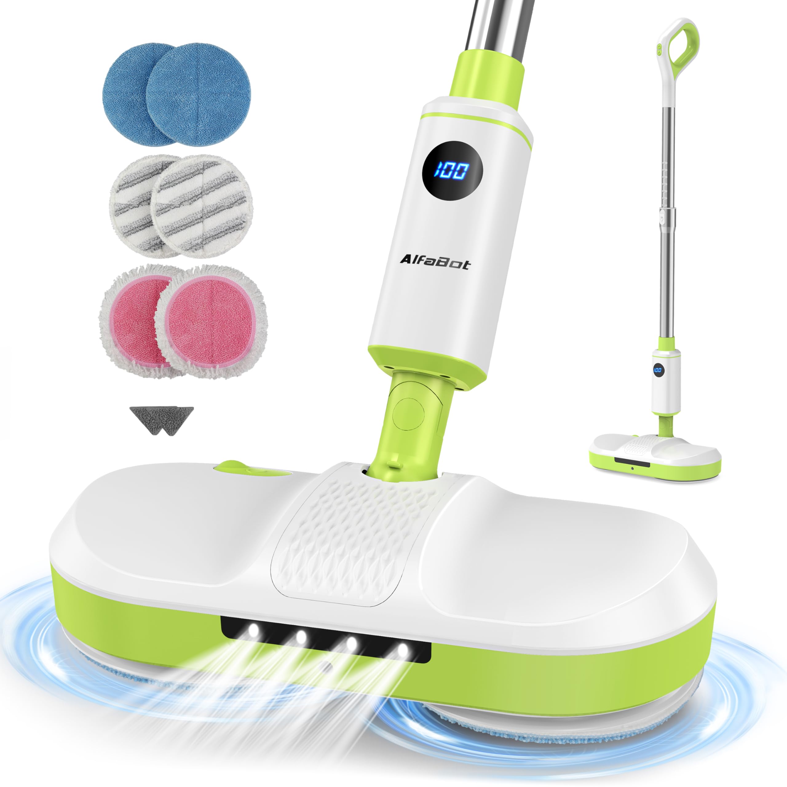 Open-Box New AlfaBot AL-S1 Cordless Electric Mop Dual Spin with LED Headlight Water Spray  Self-Propelled - Green.