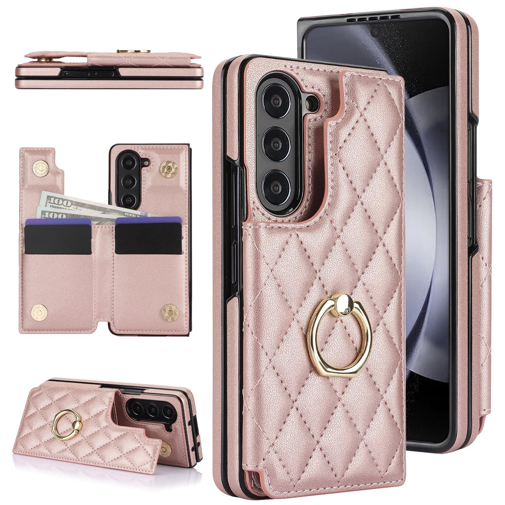 Samsung Galaxy Z Fold 6 Leather Wallet Case w Ring Card Holder Kickstand - Rosegold