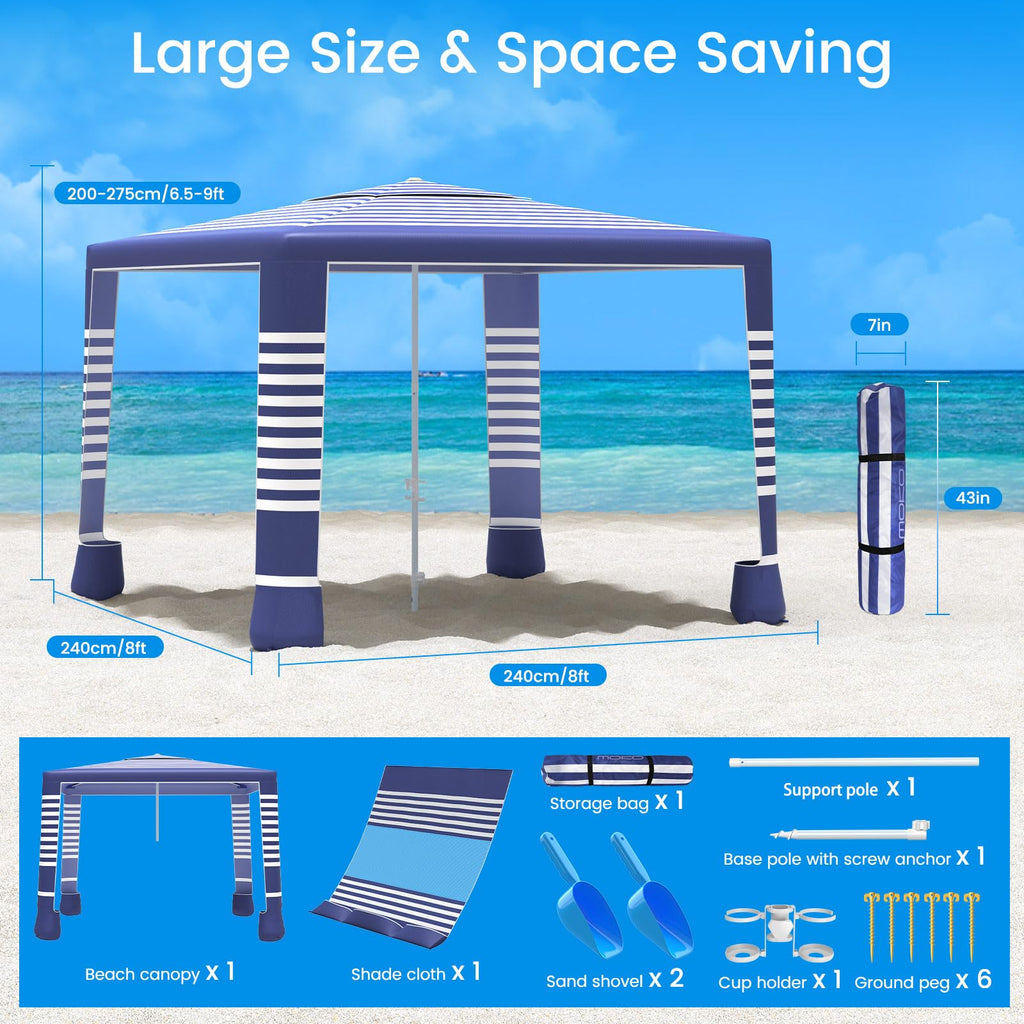 MoKo Beach Cabana, 8'×8' Large Beach Canopy with Side Wall, UPF 50+ Protection Easy Setup Beach Tent Sun Shelter, Adjustable Height Wind Resistant Cabana Beach Tent for Whole Family, Navy Stripes Retail $95.00