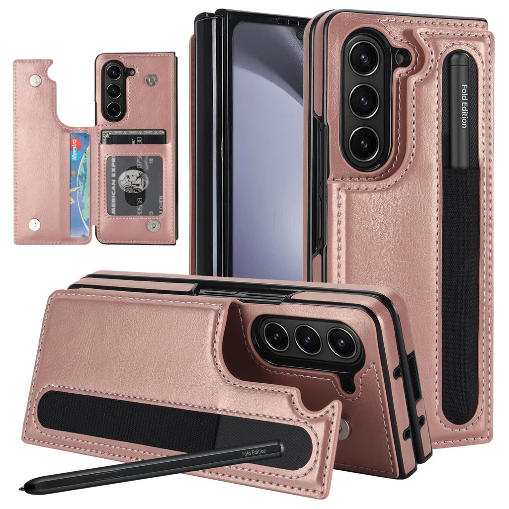 Samsung Galaxy Z Fold 5 Leather Wallet Case with Card  S-Pen Holder Kickstand - Rosegold