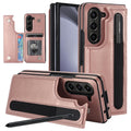 Samsung Galaxy Z Fold 5 Leather Wallet Case with Card  S-Pen Holder Kickstand - Rosegold
