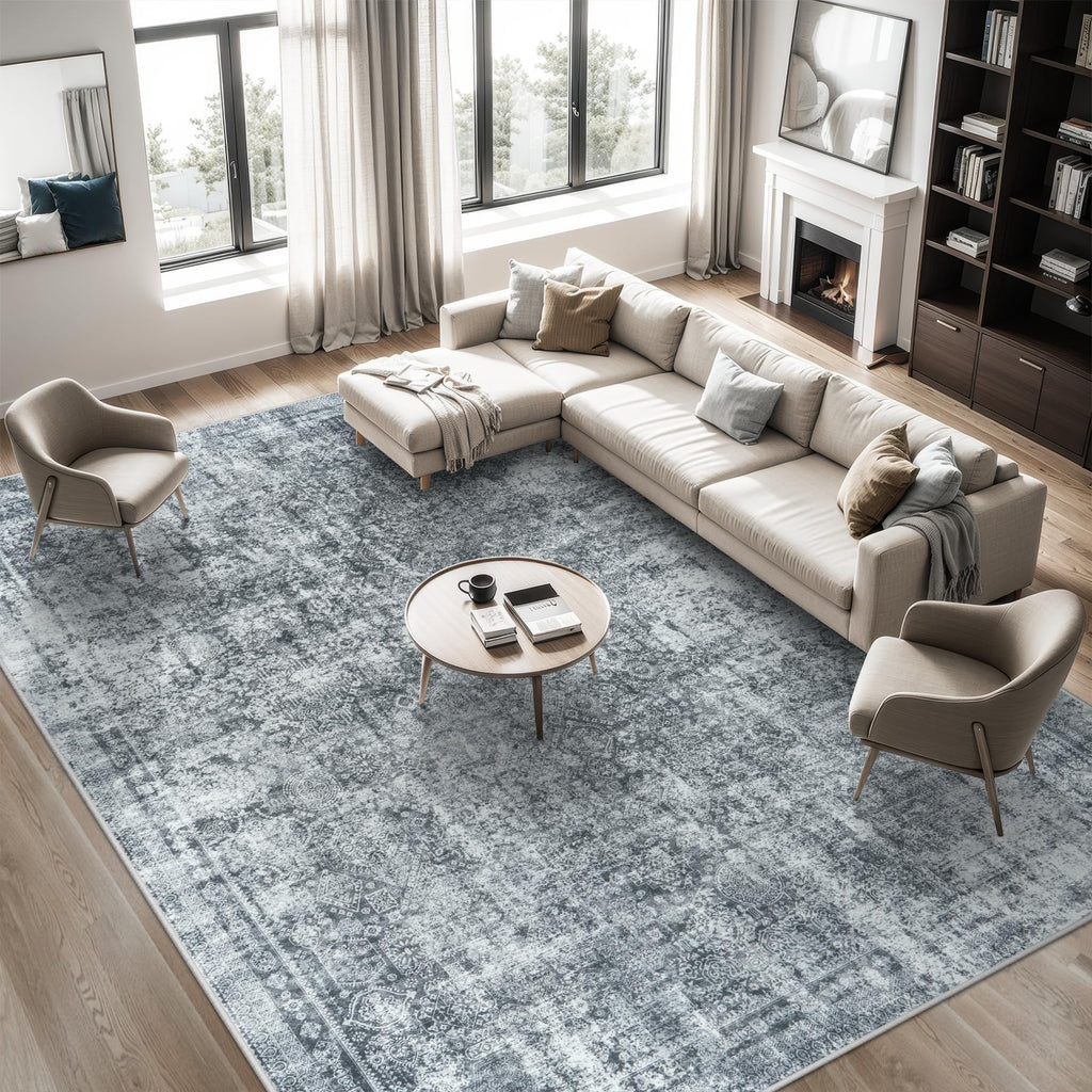 Black Grey 8x10 Washable Non-Slip Vintage Abstract Low-Pile Area Rug