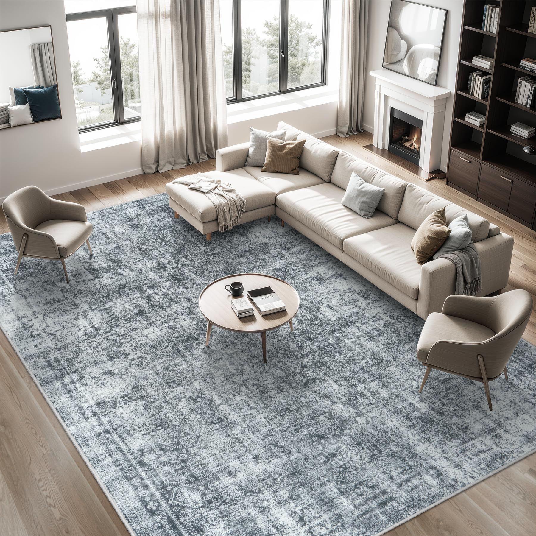 Black Grey 8x10 Washable Non-Slip Vintage Abstract Low-Pile Area Rug