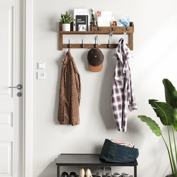 Wall Hooks with Shelf 26.57inch Entryway Coat Rack with 5 Dual Hooks and 3 Key Hooks
