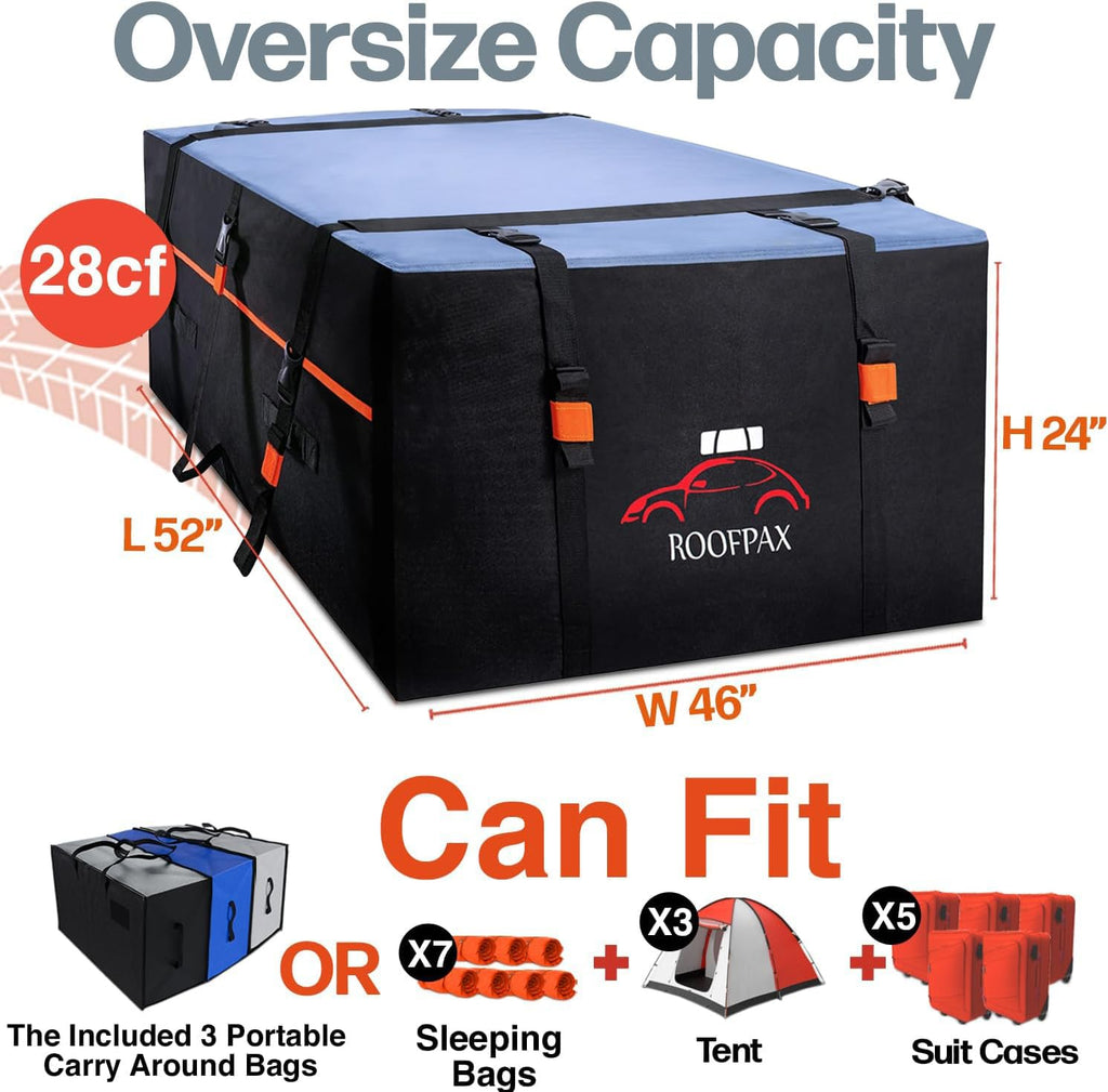 RoofPax XXL 28 cuft Car Rooftop Cargo Carrier Bag Extra Waterproof Car Roof Storage with 10 Heavy Duty Tie Down Straps and 4 Hooks Roof Bag Cargo Carrier for Top of Vehicle with/Without Rack Retail $189.00