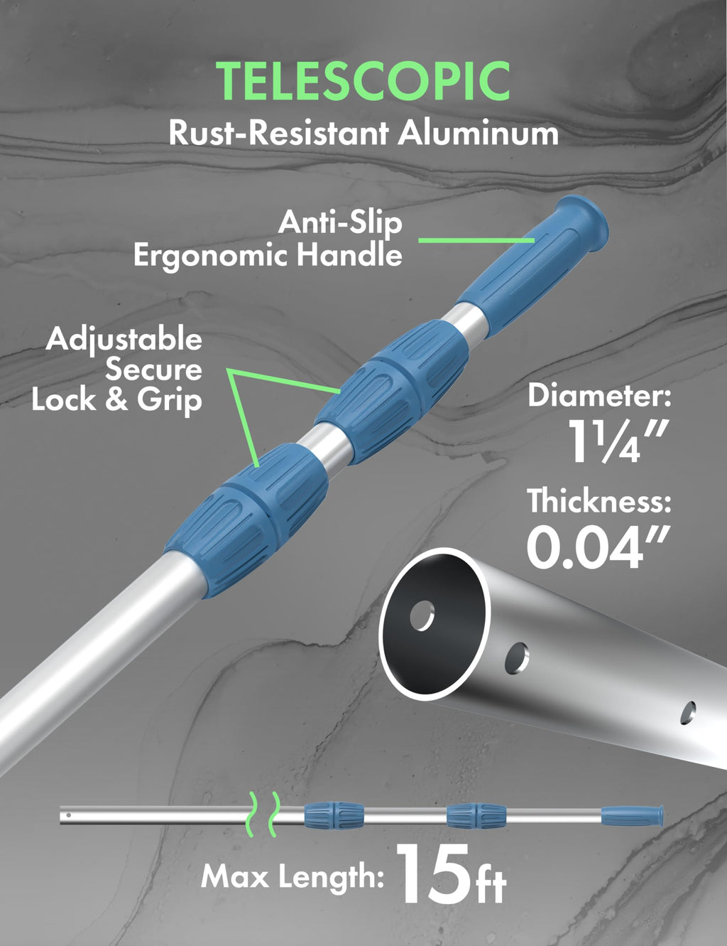 Professional 15ft Telescopic Aluminum Swimming Pool Pole Adjustable 3.4-15ft SilverBlue