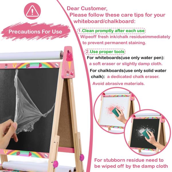 Adjustable Kids Art Easel with 3 Paper Rolls Magnetic Whiteboard and Chalkboard Pink
