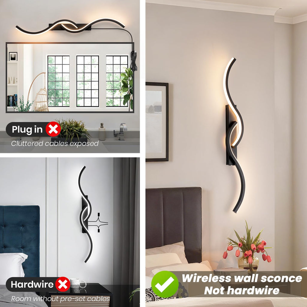 Black Wireless Rechargeable LED Wall Sconce with Remote Control
