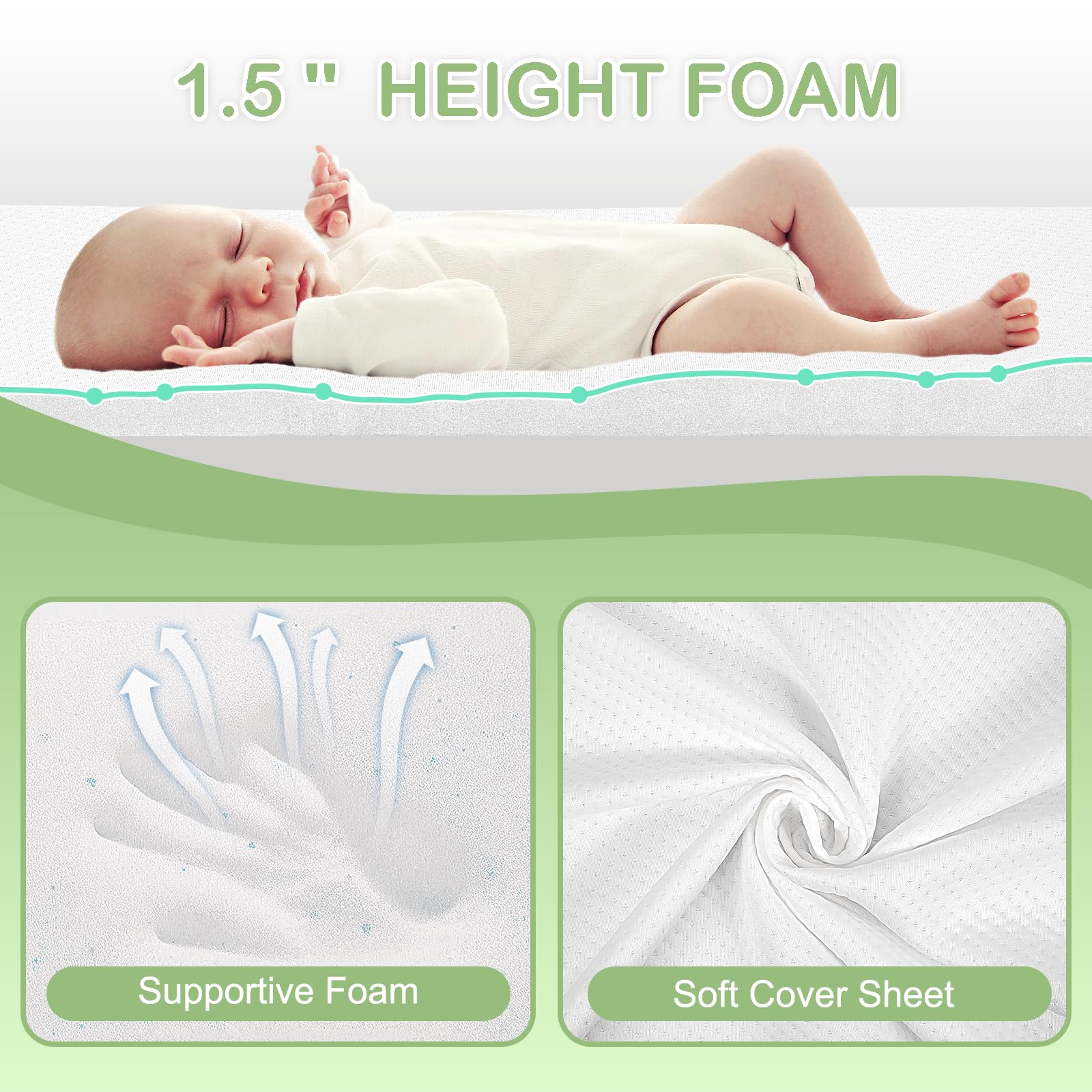 Portable Crib Mattress Pad for Pack N Play 38x26x1.25 White Waterproof Washable