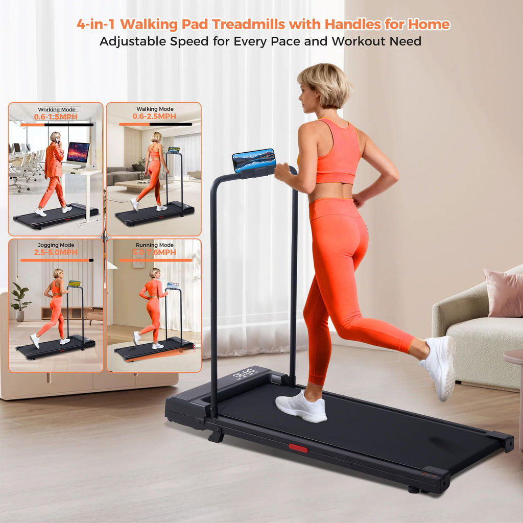 Black Portable Under Desk Walking Pad Treadmill with Handles 3.0HP 0.6-7.6MPH 350LB Capacity