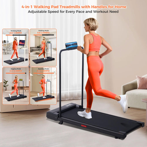Black Portable Under Desk Walking Pad Treadmill with Handles 3.0HP 0.6-7.6MPH 350LB Capacity