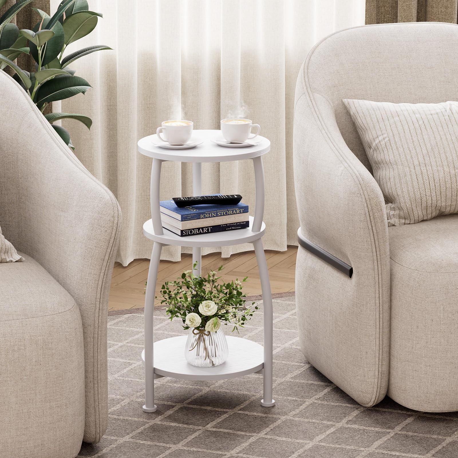 White 3-Tier Round End Table Side Nightstand with Storage Shelf