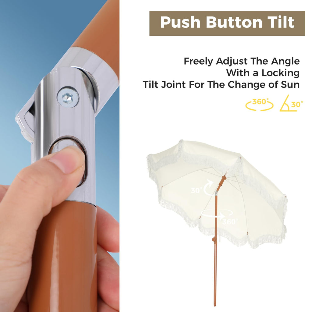 ft Portable Outdoor Patio Beach Umbrella with Fringe Sand Anchor Tilt UPF 50 White