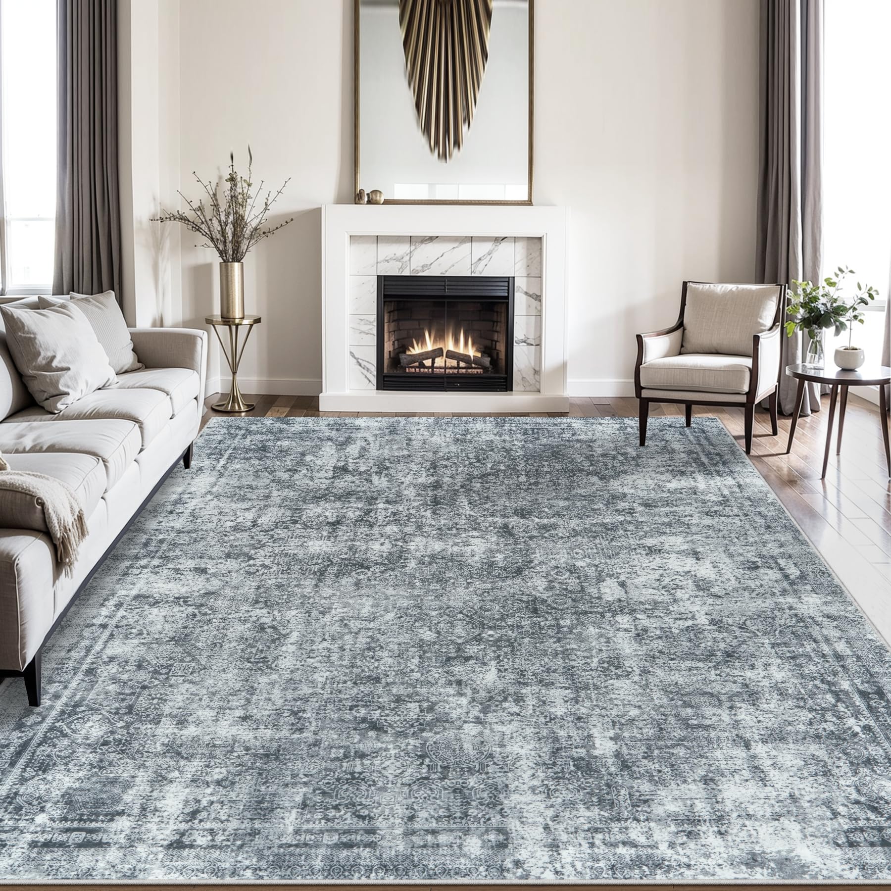 Black Grey 8x10 Washable Non-Slip Vintage Abstract Low-Pile Area Rug