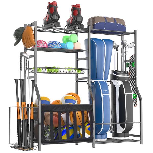 Heavy Duty Garage Sports Equipment Organizer with Golf Bag Storage Rack and Ball Holder