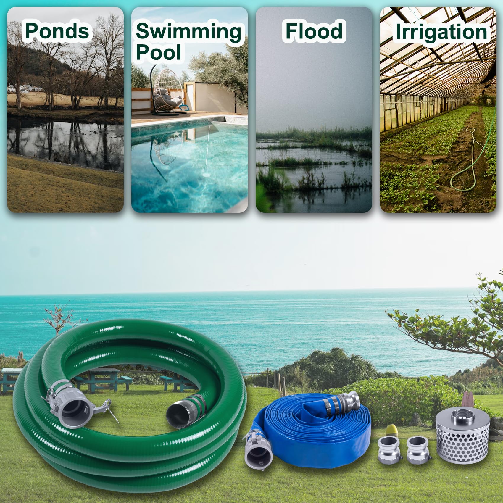2 Inch Discharge Hose Pump Kit Includes 2" x 65' Blue PVC Lay-Flat Backwash Hose & 2" x 20' Green PVC Suction Hose & Steel Round Hole Suction Strainer & Cam and Groove Adapter, for water/trash pump Retail $125.00