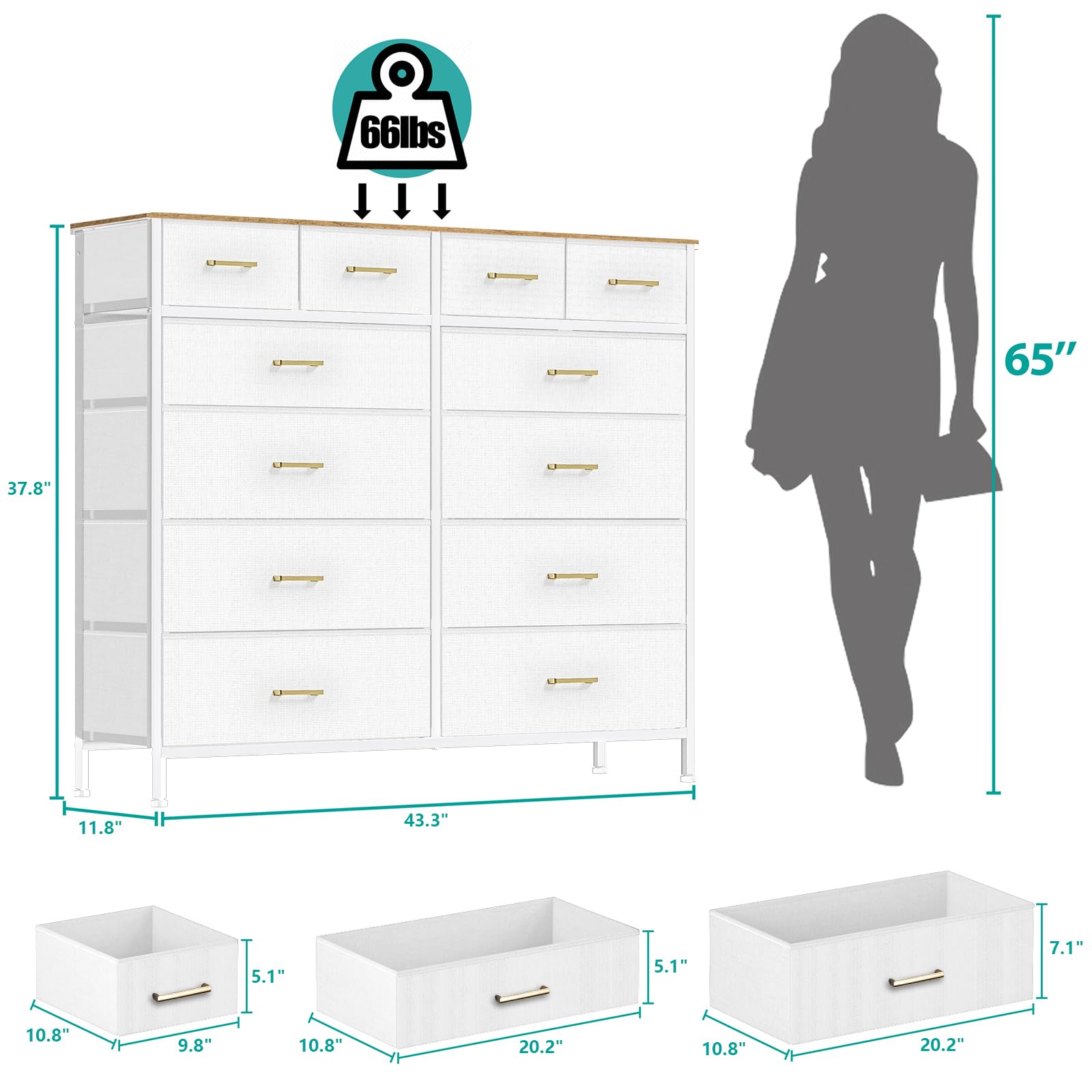 White Tall Fabric Dresser with 12 Deep Drawers  Retro Wood Top