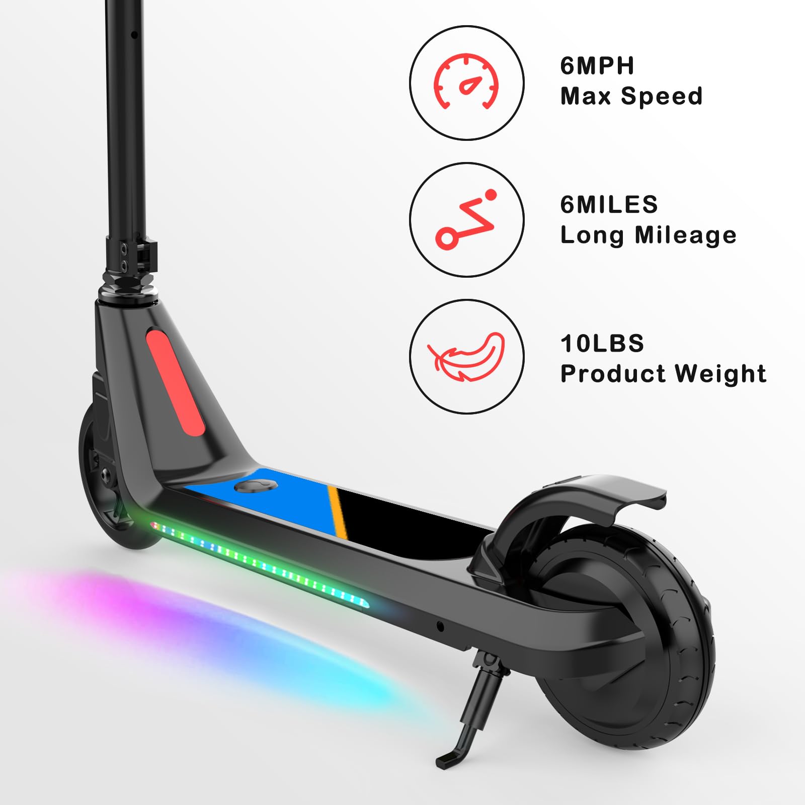 Black Electric Scooter for Kids Age 6-9 Kick-Start Adjustable SpeedHeight Flash Lights