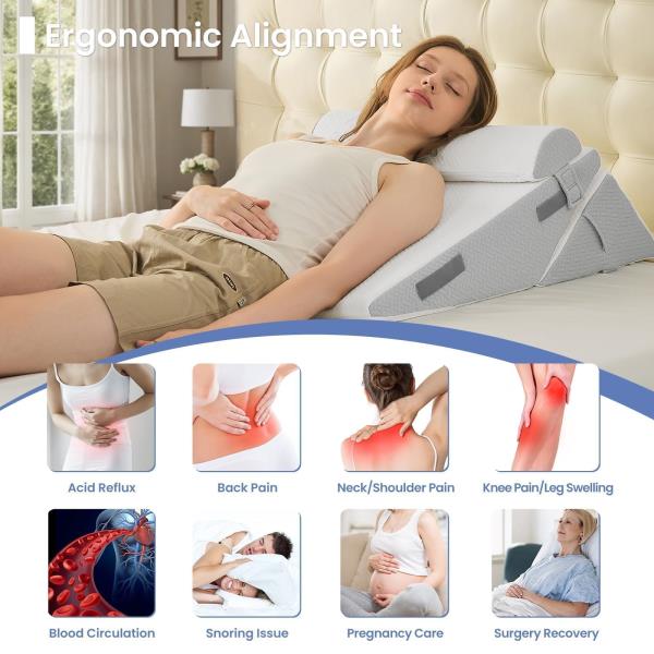 Adjustable Wedge Pillow Set 9-in and 12-in Memory Foam Support Light Grey  White