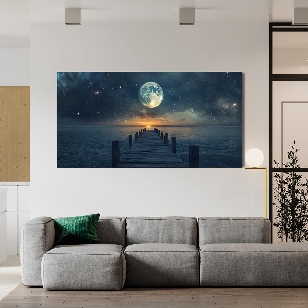 Canvas Wall Art Modern Landscape Coastal Blue Star Moon Decor 20 x 40 $43.50