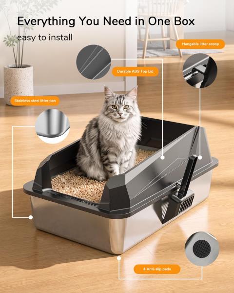 XL Cat Litter Box with Stainless Steel Inner Tank and Side-Entry Removable Lid Dark Gray